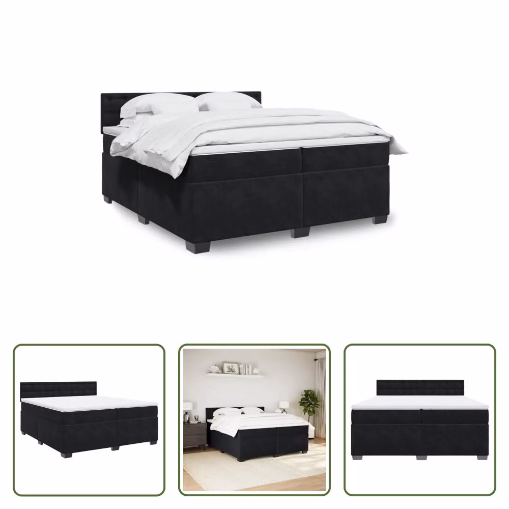 The Living Store Letto a molle con materasso nero 200x200 cm in velluto