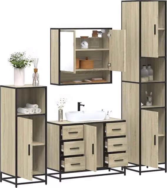 Set di mobili da bagno industrial vidaXL in legno e metallo, colore marrone e beige, composto da armadietto con specchio, mobile lavabo, mobile laterale e colonna alta