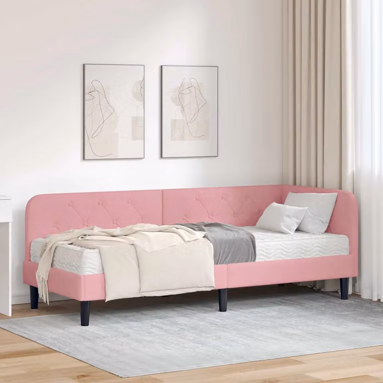 Cornice del letto ad angolo vidaXL in velluto rosa, L/P/H: 200 x 80 x 72 cm