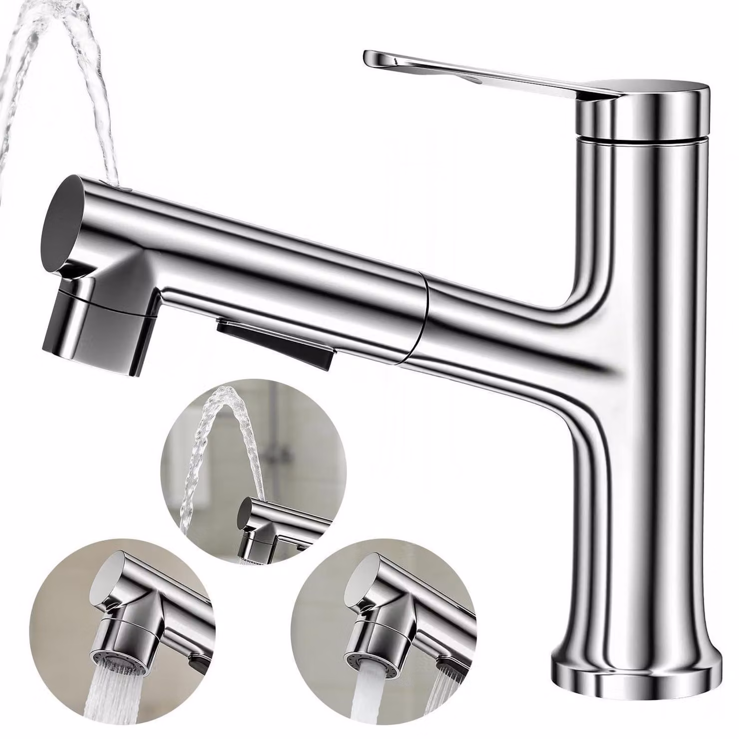 Miscelatore per lavabo estraibile, con 3 tipi di getto, in cromo, realizzato in lega di ottone