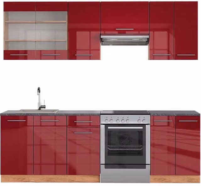 Cucina componibile moderna Vicco Fame-Line Bordeaux lucido e Rovere dorato con piano Antracite, L: 240 cm – 1