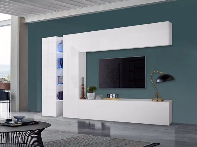 Parete attrezzata Joy Twin Shopinnotivo design moderno bianco lucido con mobile basso, armadi e mensole per soggiorno – 1