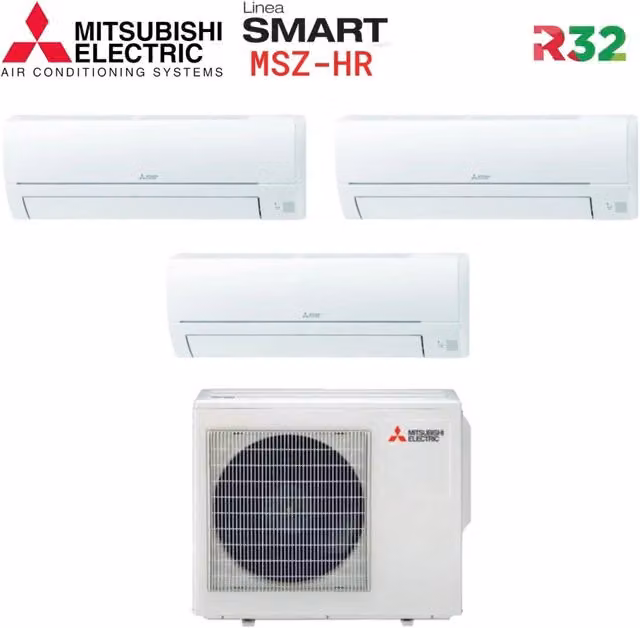 Condizionatore Trial Split Mitsubishi Electric Smart MSZ-HR 9+9+9 con MXZ-3HA50VF, Classe Energetica A++, Disponibile in Bianco o Nero con Controllo via App e Wi-Fi Optional