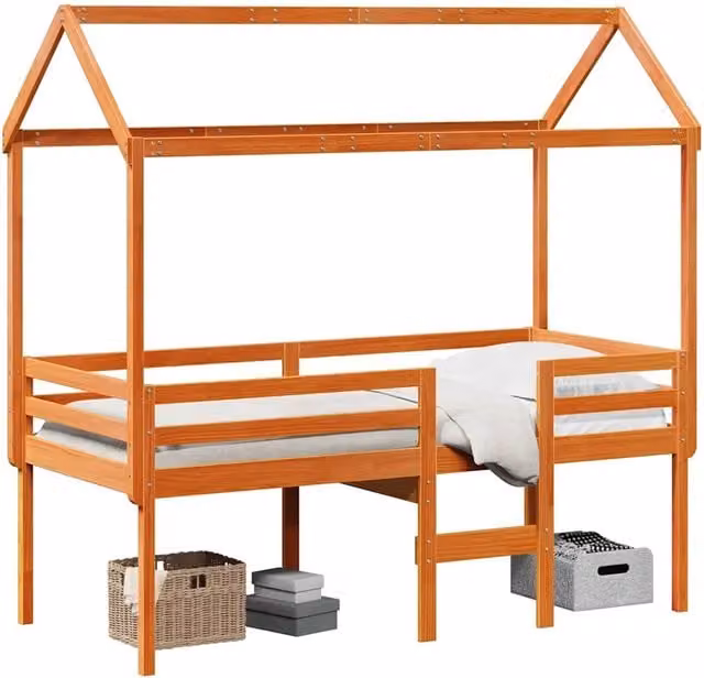 Letto singolo | Letto per adulti | Letto a Soppalco con Tetto Marrone Cera 90x200 cm Legno di Pino