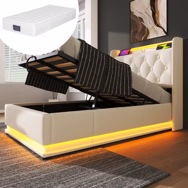 Letto contenitore Mivray con illuminazione LED, testiera imbottita in similpelle bianca, porte USB e Type-C, L/P/H: 90 x 200 x 113 cm