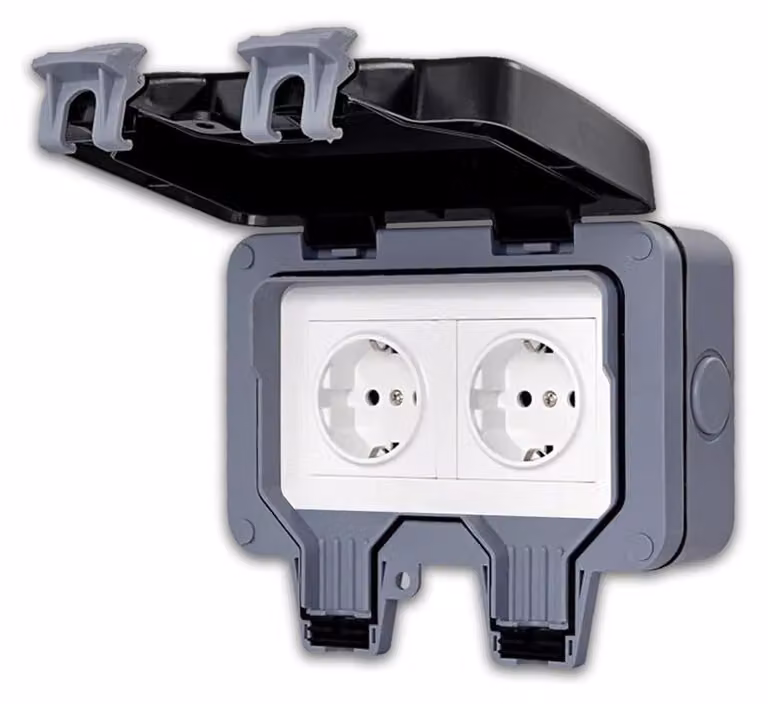 Presa esterna Schuko, grado di protezione IP66, resistente agli agenti atmosferici, con coperchio a battente, doppia, per l'uso in giardino