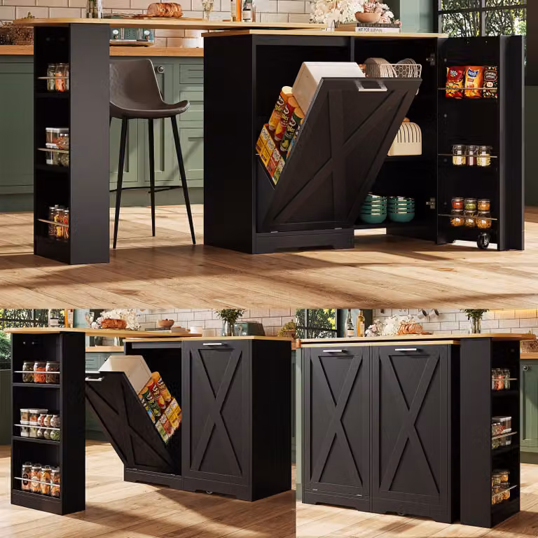 MODFU Mobile da cucina girevole per sala da pranzo e bar con ripiani laterali e vano portaoggetti, mobile da cucina con ante a ribalta e design tridimensionale, nero