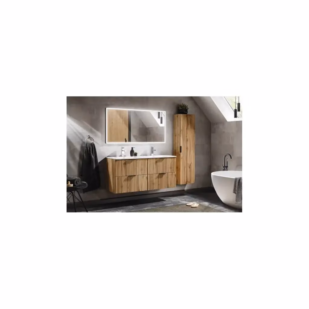 Set da bagno NOXERA Meublorama in Rovere Wotan, composto da mobile lavabo doppio, colonna sospesa e specchio con illuminazione LED, L: 120 cm – 2
