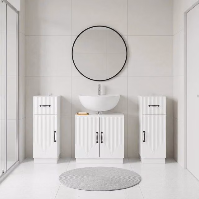 Set di mobili da bagno vidaXL composto da mobile lavabo e armadietti laterali in legno bianco lucido, design minimalista, L/P/H: 59,5 x 31,5 x 76,7 cm