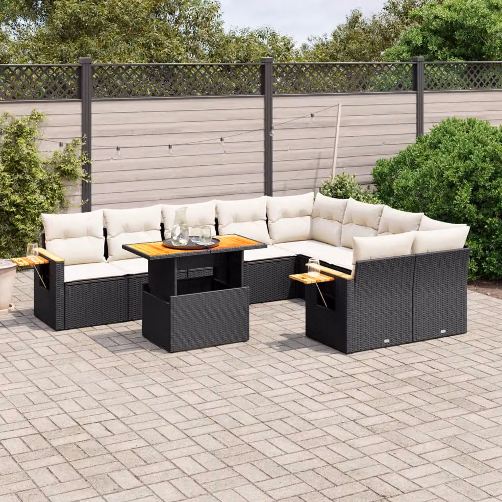 vidaXL Set Divani da Giardino a Forma di U in Polyrattan Nero con Cuscini e Tavolino da Esterno – 1