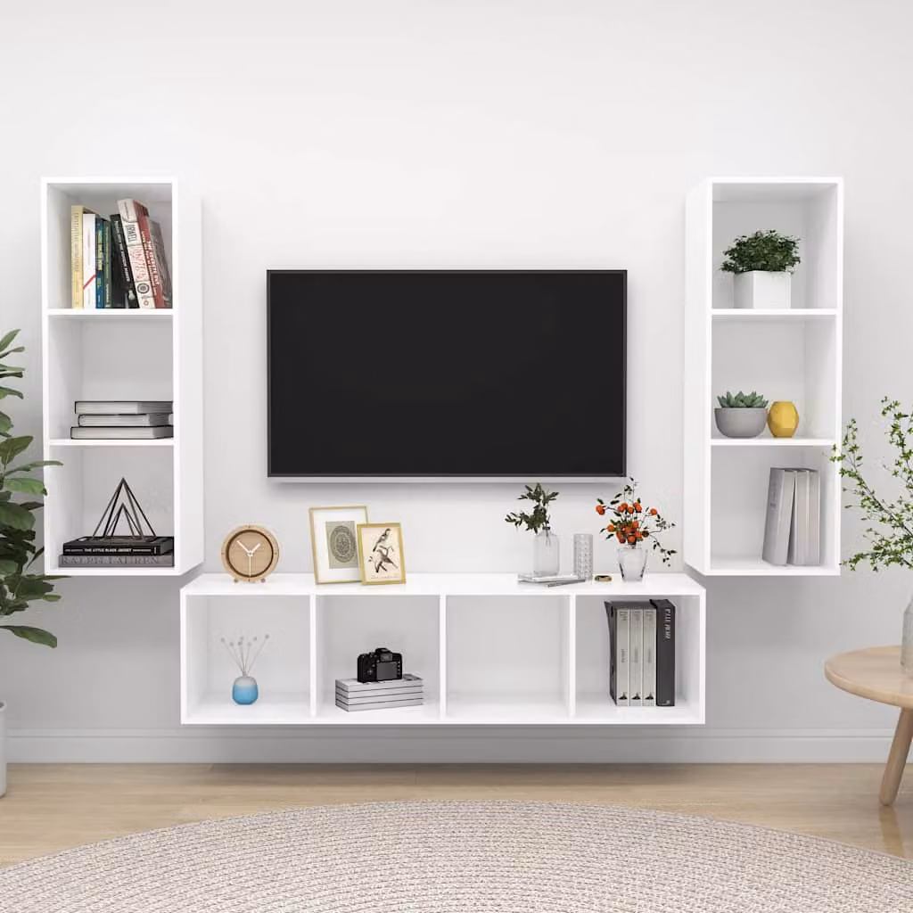 Set di mobili porta TV vidaXL in 3 pezzi bianco in legno e MDF per soggiorno o ufficio, design minimalista a parete