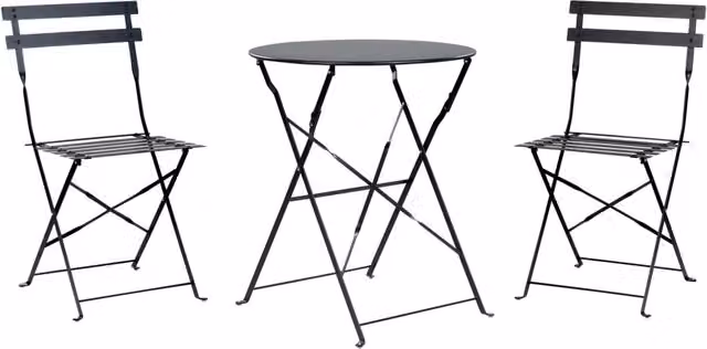 Set da balcone Beliani composto da 3 elementi con tavolo rotondo e sedie pieghevoli in acciaio nero opaco per giardino e terrazzo