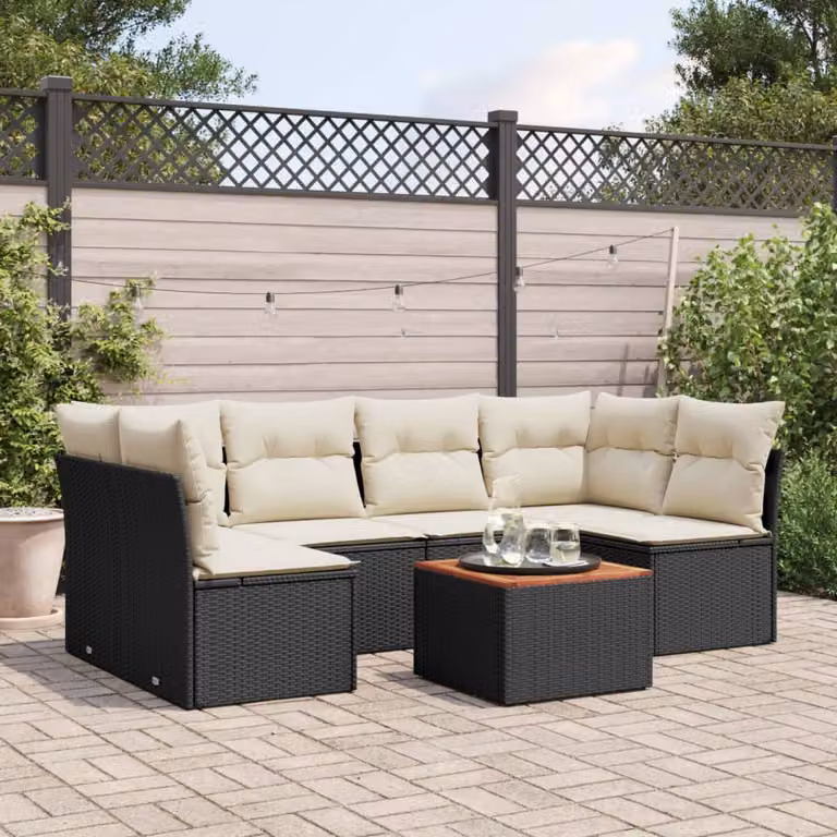 Set di divani da giardino vidaXL a forma di L in polyrattan nero con cuscini e tavolino da esterno