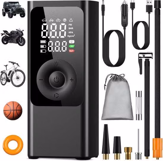 Compressore elettrico per biciclette con indicatore digitale della pressione, per auto e biciclette