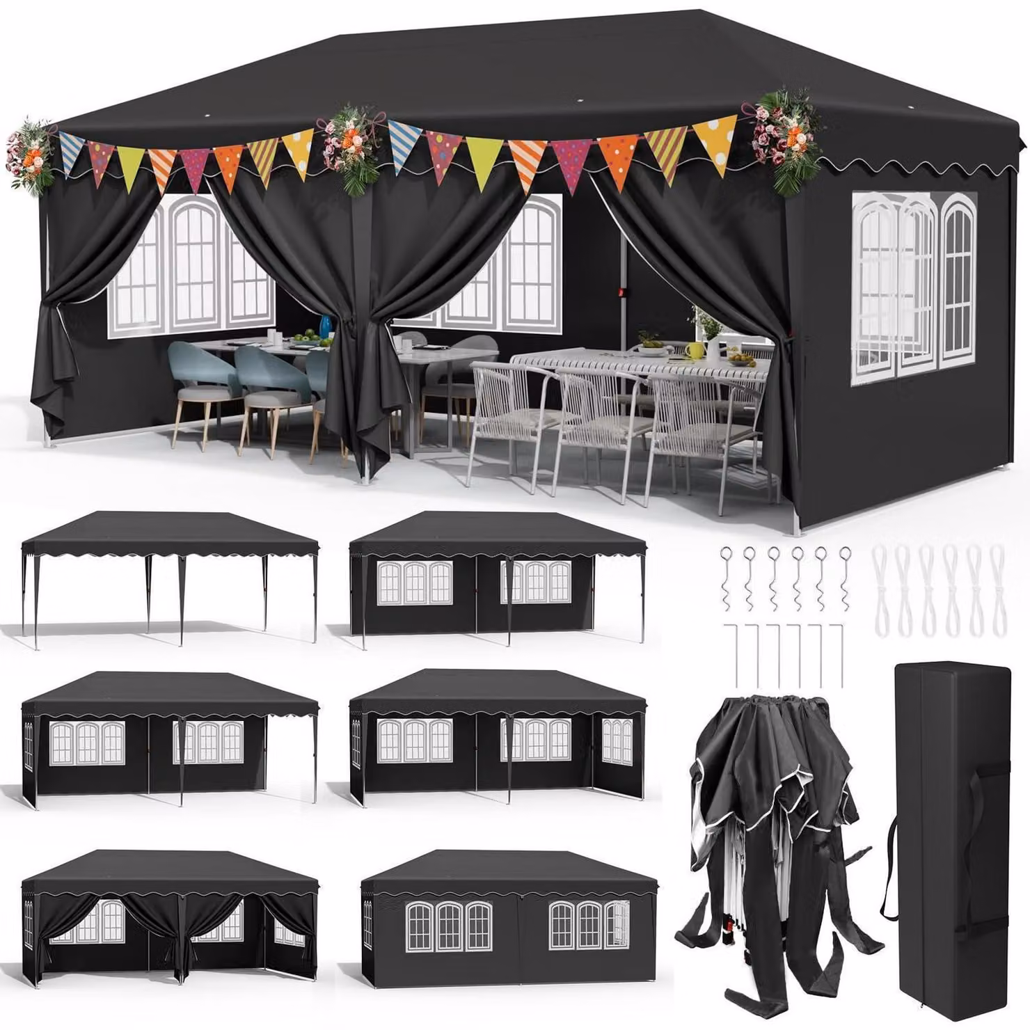 Gazebo da esterno 3x6 metri, impermeabile, con protezione UV 50+, 6 pannelli laterali, altezza regolabile, colore nero