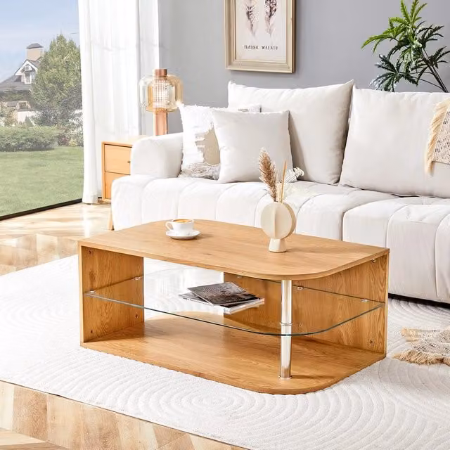Tavolino da caffè MINIMAL in legno marrone e vetro trasparente per soggiorno, L 100 x P 60 x H 42 cm