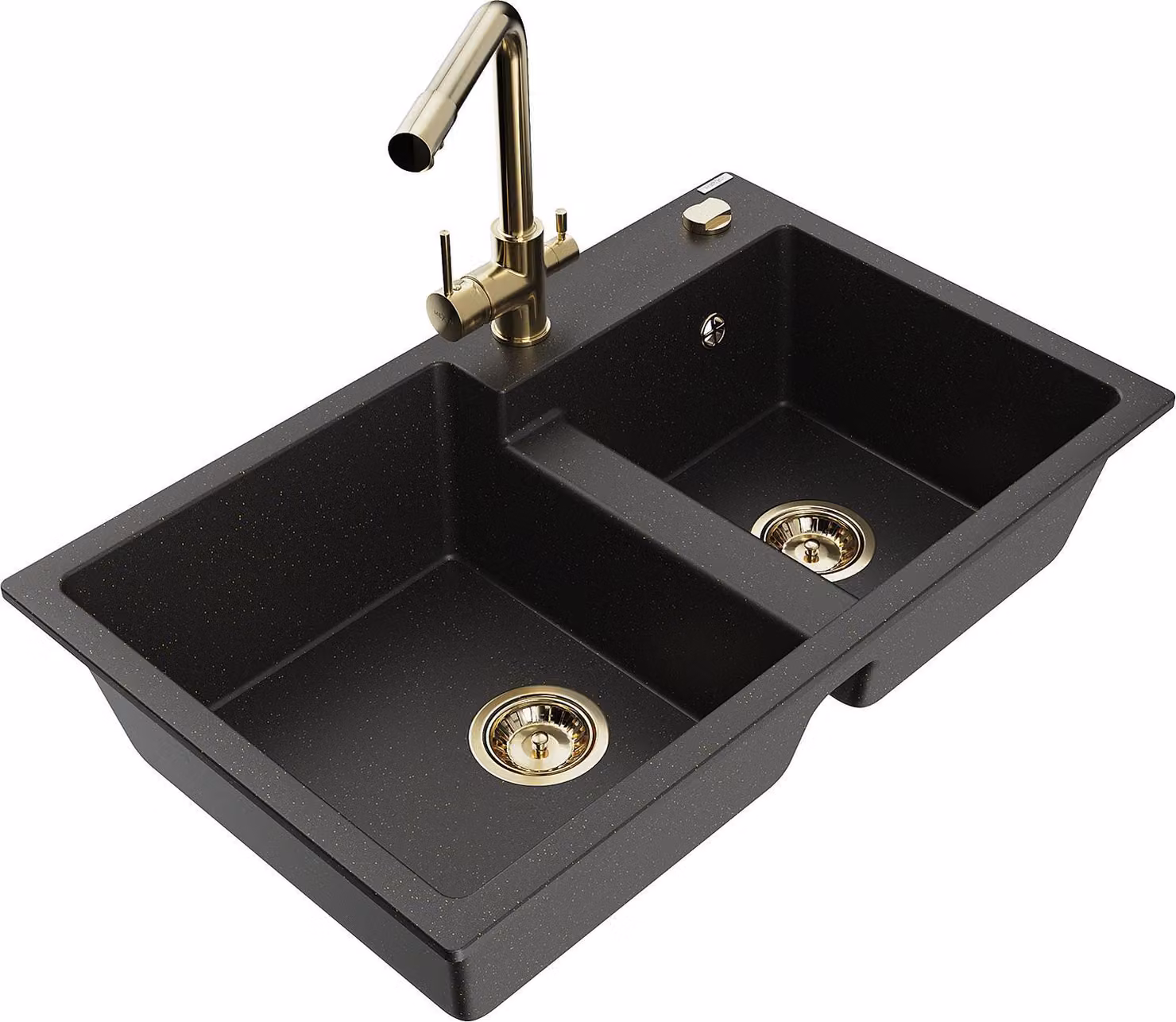 Mexen Tomas lavello in granito a 2 vasche con rubinetto da cucina Duero, nero/oro metallico - 6516-75-671600-50