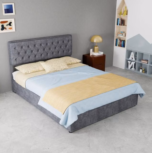 Letto imbottito in velluto grigio 140x200 cm con testiera alta e materasso incluso