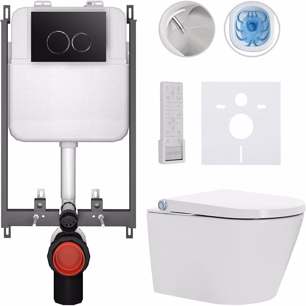 Water WC sospeso con bidet Basic/Cronus Premium - bianco lucido - pulsante WC Dualo/nero - da incasso - 59,3x38,4 cm