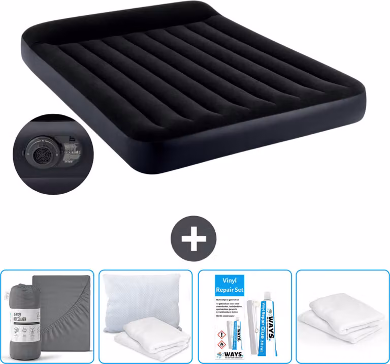 Letto ad aria Intex - 2 persone - 152 x 203 x 25 cm - Blu - Incluso pompa - Lenzuolo di ricambio - Bacio - Kit di riparazione en Protezione cuscino