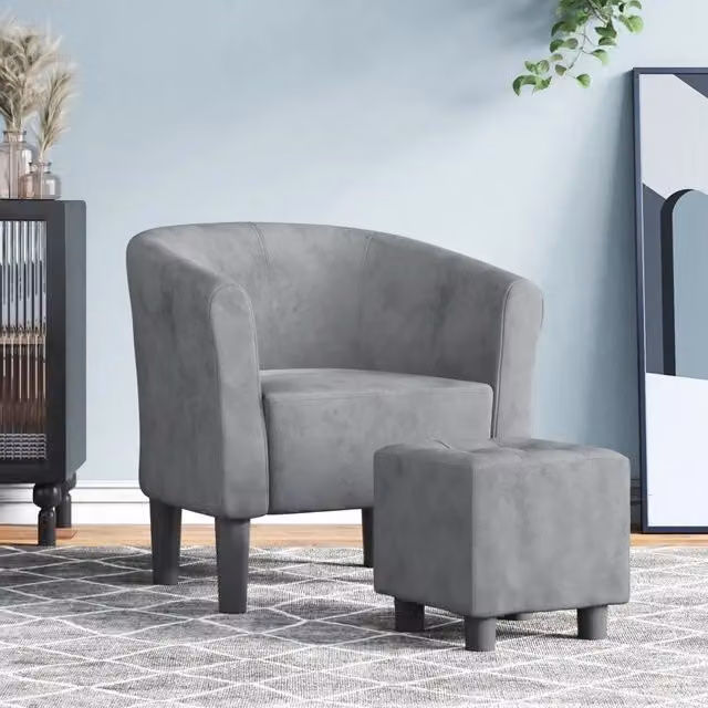 Divano Sedia-Poltrona Cabriolet con Poggiapiedi in Velluto Grigio con Struttura in Legno di Pino – 1
