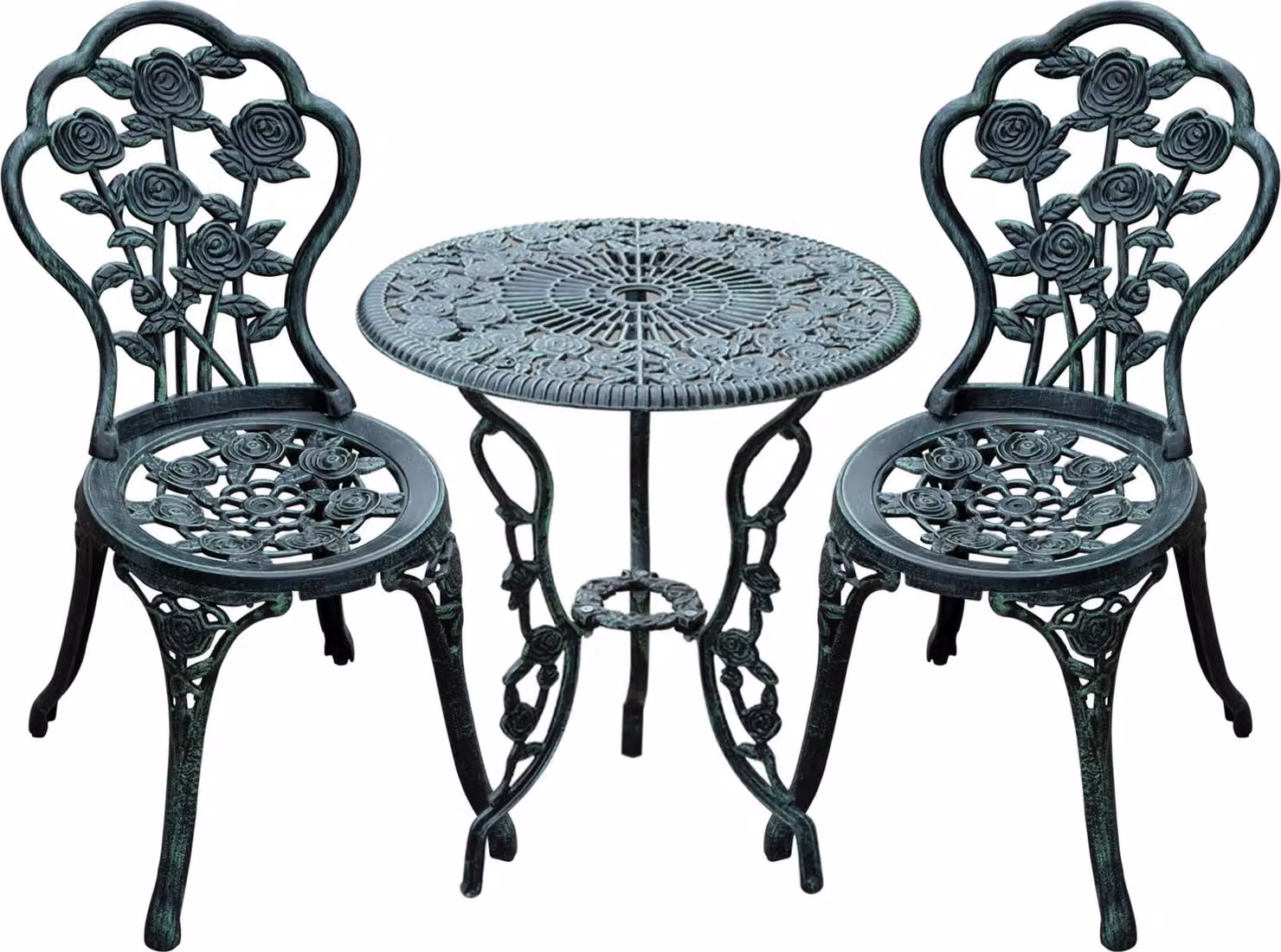 Set da giardino Bistroset, 3 pezzi, mobili da giardino in alluminio pressofuso color verde antico per balconi e terrazze