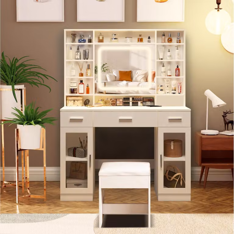 AIORBER Tavolo da toilette con specchio LED, 3 colori di luce, touch control, tavolo da toilette con illuminazione, cassetti e sgabello, tavolo da toilette - bianco