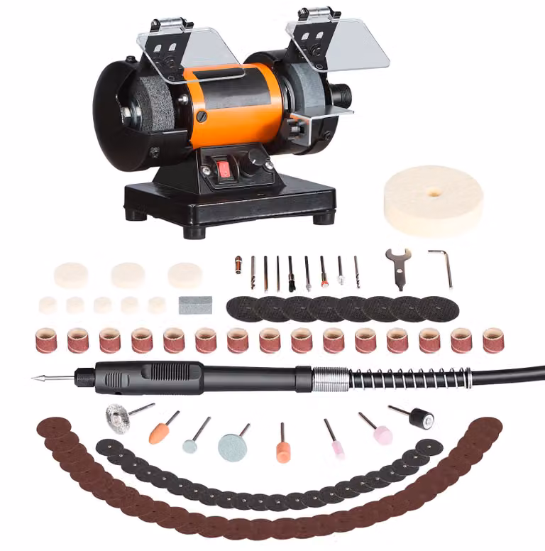 SucceBuy: levigatrice doppia con velocità regolabile da 8300 a 10600 giri/min, dotata di dischi abrasivi, in fibra e in lana, oltre che di un set di 100 accessori. Ideale per gioielli, legno, metallo, pietra grezza e giada (fai da te).