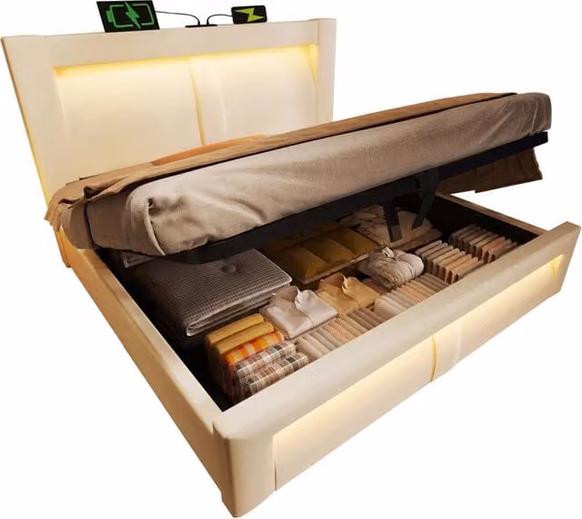 Letto Matrimoniale 160x200 cm in Velluto Beige con Contenitore Idraulico; LED e Prese USB