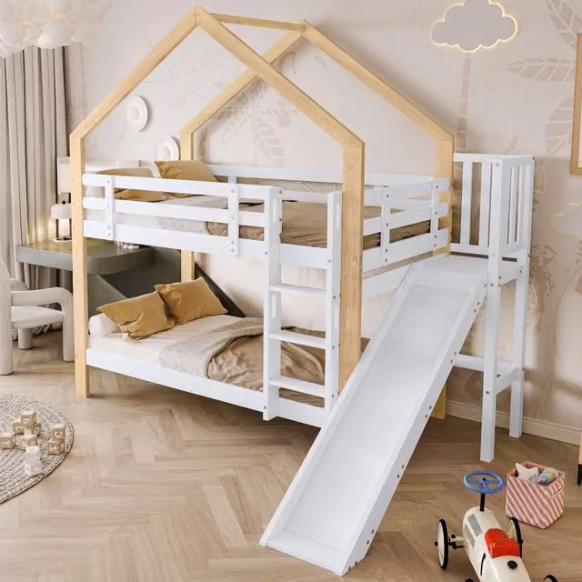 Letto a castello Mivray per bambini con scivolo e scala angolare, colore bianco, L/P/H: 200 x 90 x 223 cm