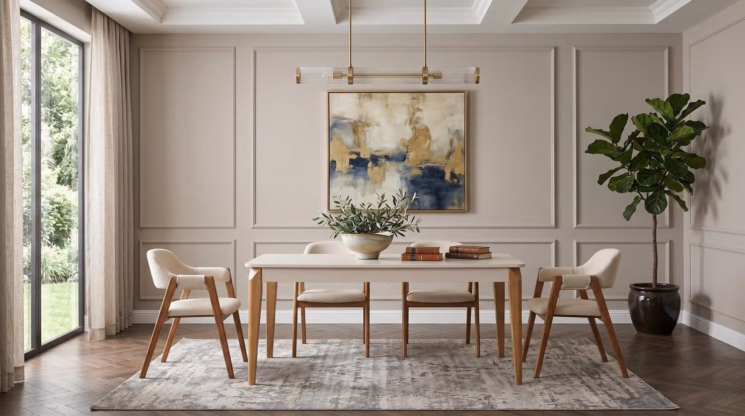 Tavolo beige moderno ed elegante, accompagnato da 4 sedie in legno, un insieme raffinato e perfetto