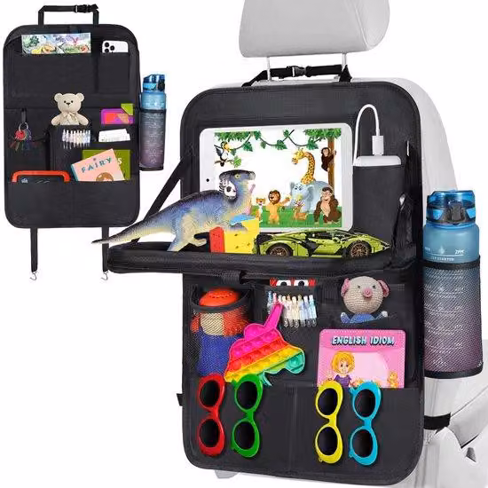 Organizzatore per sedile auto Ibenzoa® con tavolino pieghevole per bambini – 11 scomparti, protezione per il sedile posteriore, tessuto Oxford impermeabile, 65x42 cm, tavolino pieghevole 42x24 cm