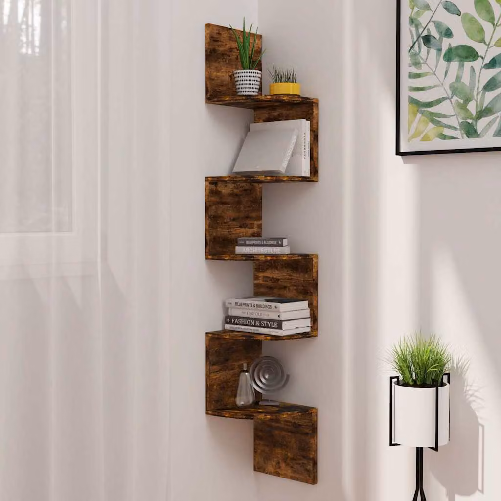 Scaffale Angolare da Muro vidaXL in Legno Rovere Fumo, Design Moderno per Soggiorno, L/P/H: 19 x 19 x 123 cm