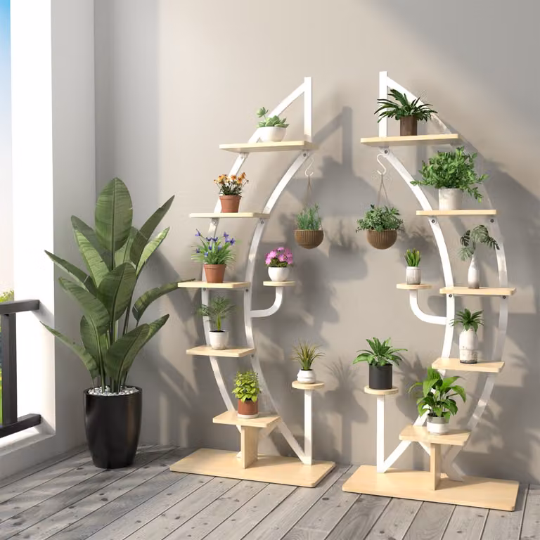 Set di 2 scaffali per piante Costway in metallo a 7 livelli, design moderno a mezza luna curva con gancio superiore, colore Bianco