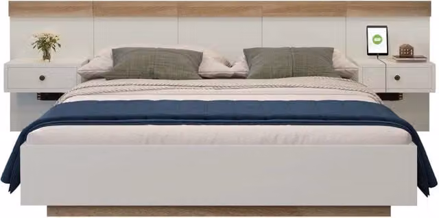 Letto matrimoniale 160x200 cm con due comodini integrati; LED e prese USB/USB-C; rovere Sonoma e bianco