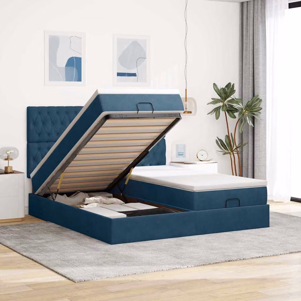 Letto con contenitore a sollevamento vidaXL in velluto blu e bianco L: 200 cm, P: 200 cm, H: 128 cm