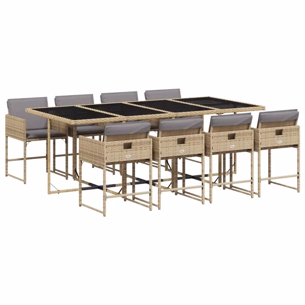 Set Pranzo da Giardino vidaXL in Polyrattan con Cuscini Beige e Tavolo in Vetro 9 pz – 2