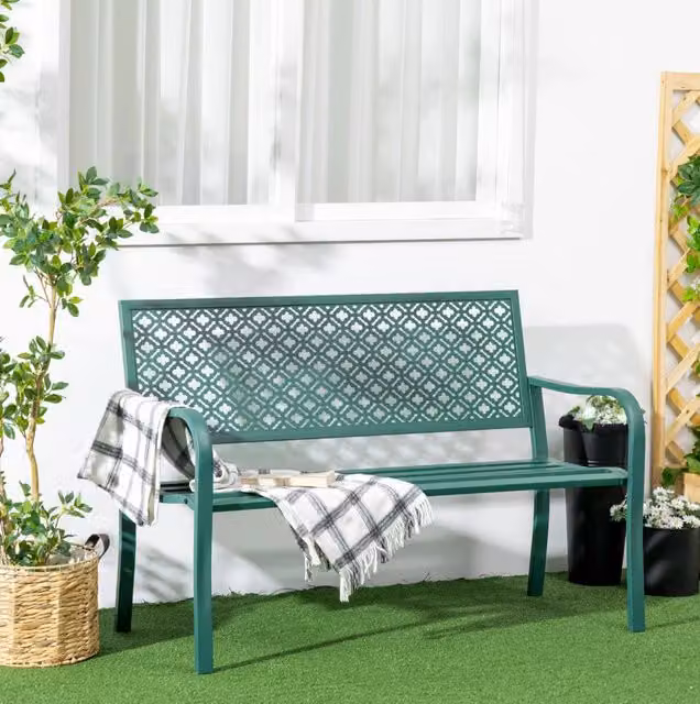 Panchina da giardino MODFU per 2 persone in acciaio verde con braccioli L/P/H: 127 x 63 x 83 cm