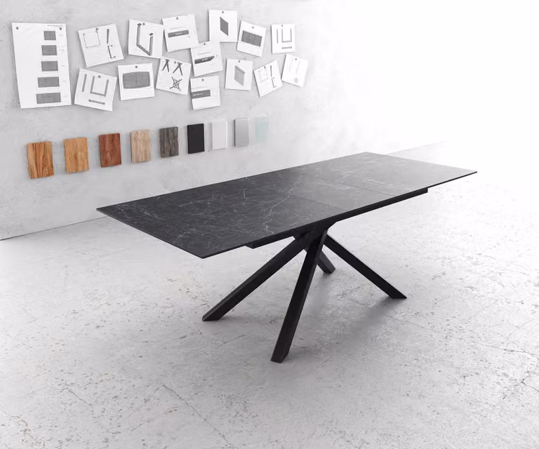 Tavolo da pranzo DELIFE Edge 180-220x100 cm Vetroceramica Laminam® Nero Greco Antracite Base a croce Rettangolare Nero Allungabile