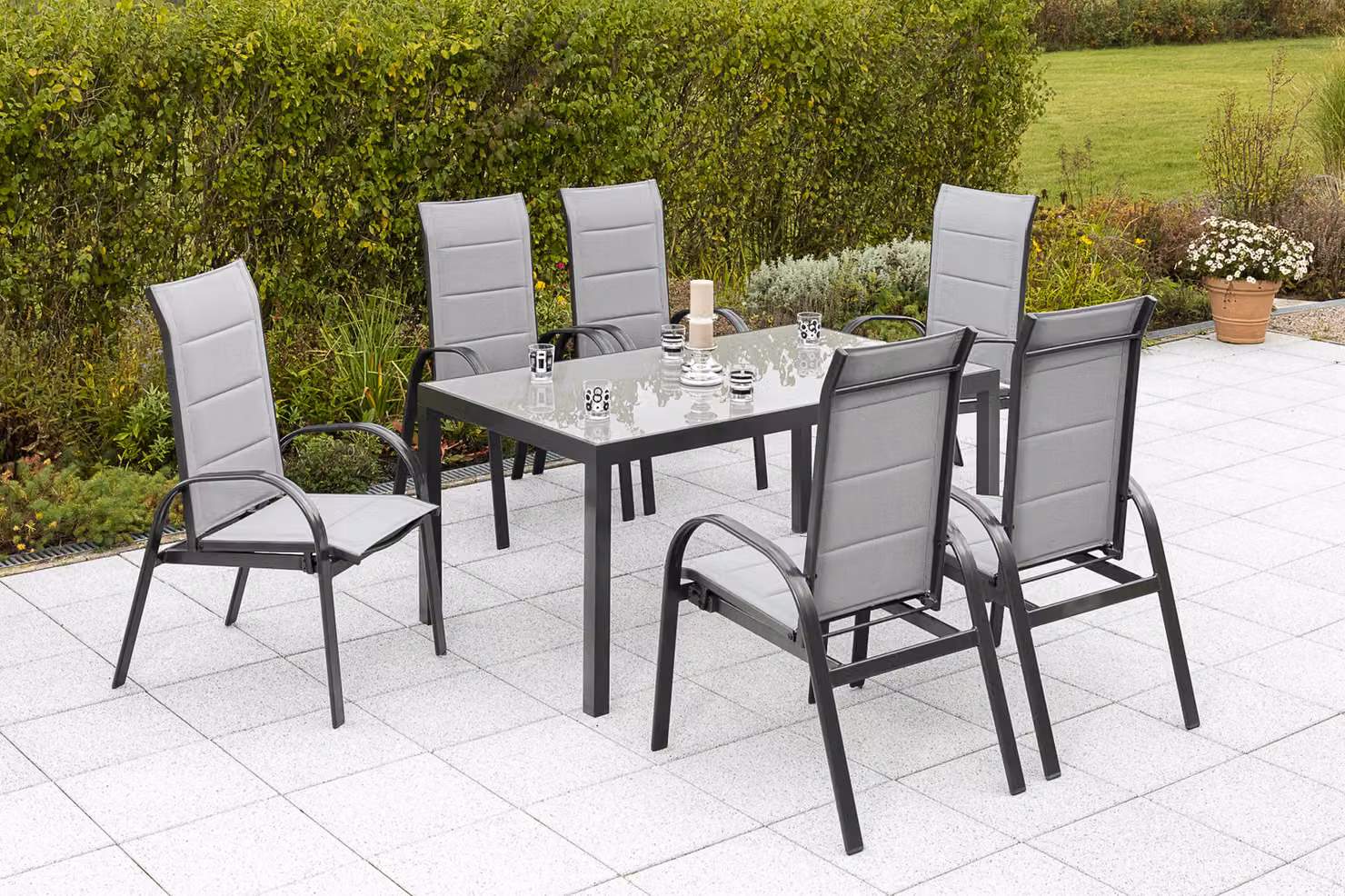 Set di mobili da giardino Merxx "Marini" 7 pezzi - Struttura in alluminio con rivestimento in tessuto grigio - 50256-309