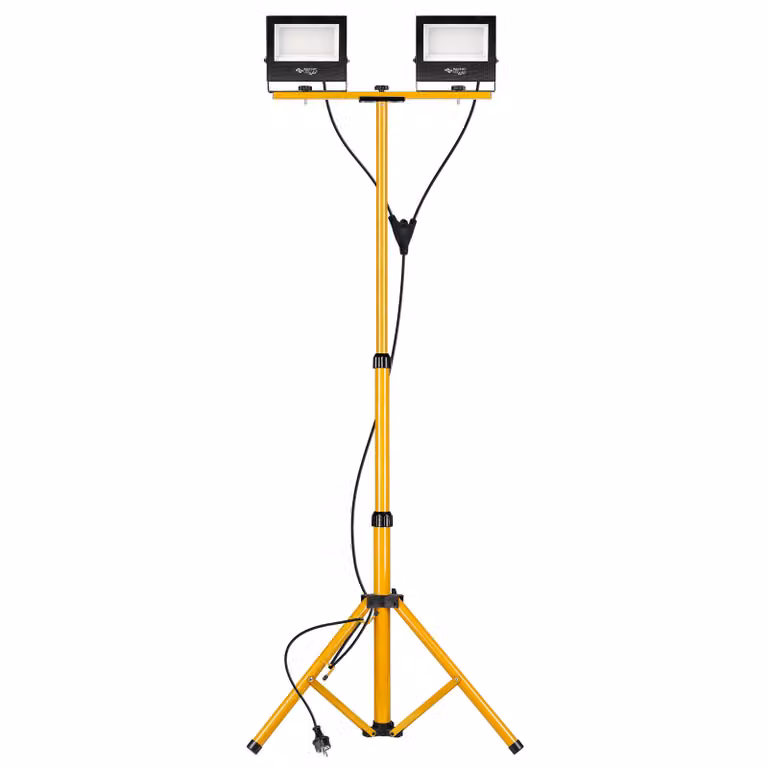 Proiettore da cantiere MasterLED con doppio treppiede 2x50W 8000 lm bianco neutro 4500K IP65 lampada da lavoro illuminazione da cantiere giallo