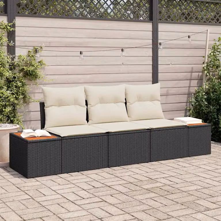 Set Divano da Giardino Moderno vidaXL 3 Posti in Rattan con Cuscini Imbottiti Nero e Beige
