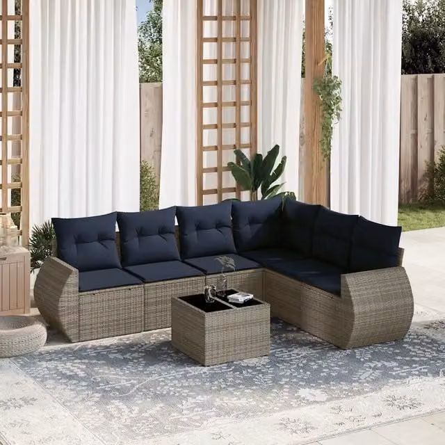 Set Divano da Giardino a L con Tavolino vidaXL, 7 Pezzi in Polyrattan Grigio e Blu con Cuscini Imbottiti e Coperture Rimovibili – 1