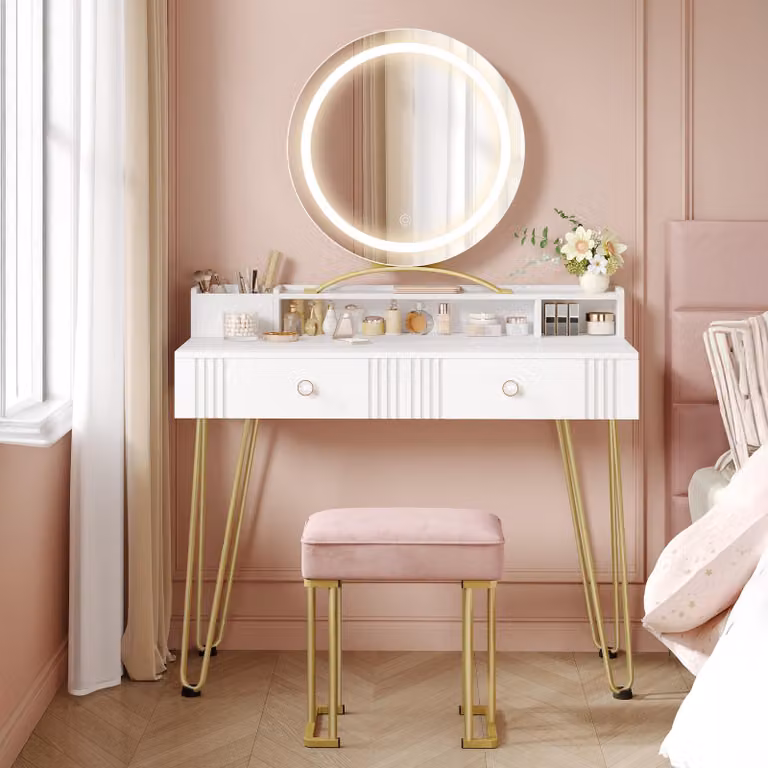 Tavolino da trucco bianco con specchio a LED - 50x50 cm - Specchio - Pannello di truciolato - Con sgabello - Arredamento per la camera da letto