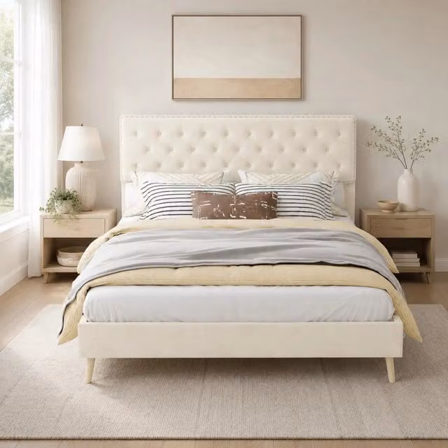 Letto matrimoniale 140x200 cm con testiera alta, struttura in metallo e tessuto, beige