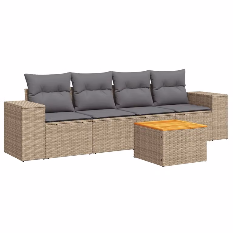 Set Divano da Giardino 5 pz con Cuscini Beige in Polyrattan