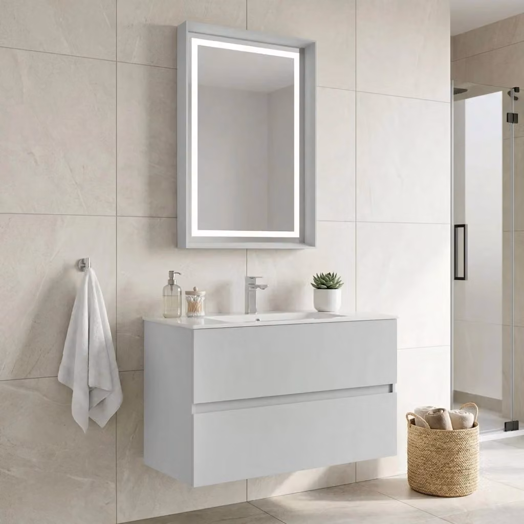 Set mobile lavabo con specchio Nest 91 v2 HANAH HOME, colore bianco cashmere opaco, L 91 cm x P 51 cm x H 55 cm – 2