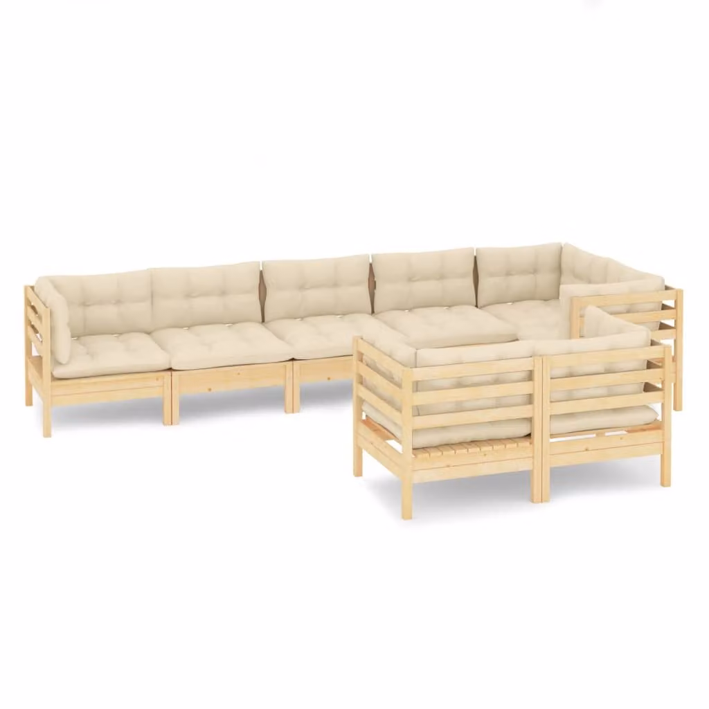Set Divani da Giardino 8 pz con Cuscini Crema in Massello di Pino