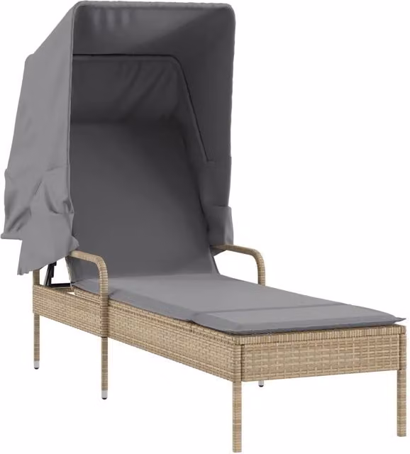 Lettino prendisole da giardino con baldacchino in polyrattan beige e grigio con poggiatesta regolabile – 1