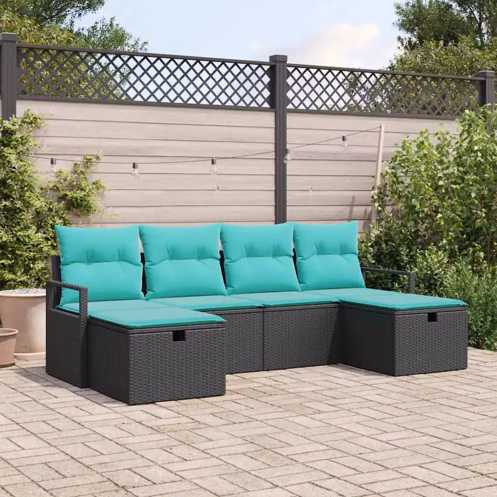Set di divani da giardino vidaXL a forma di U con 6 posti, colore nero e turchese, in rattan e metallo con cuscini inclusi